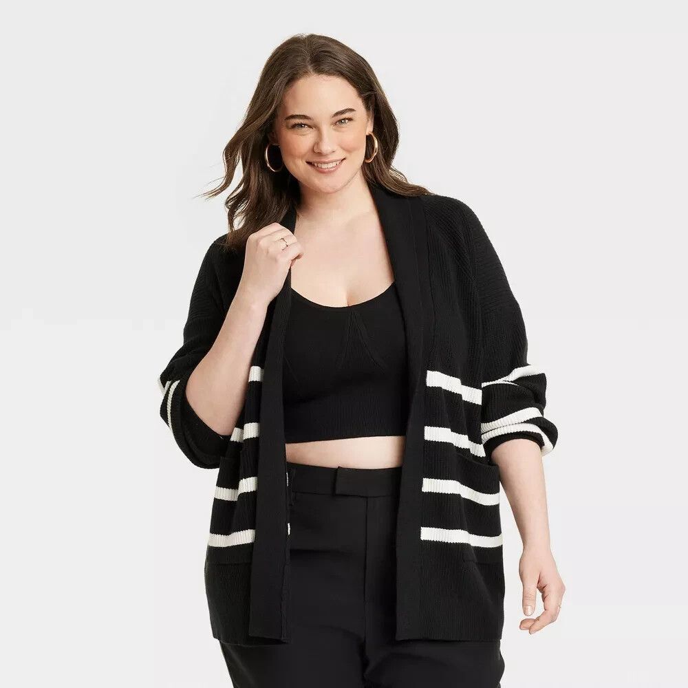 A New Day Open Layering Cardigan - Collared - Black Striped- Size 3X - NEW